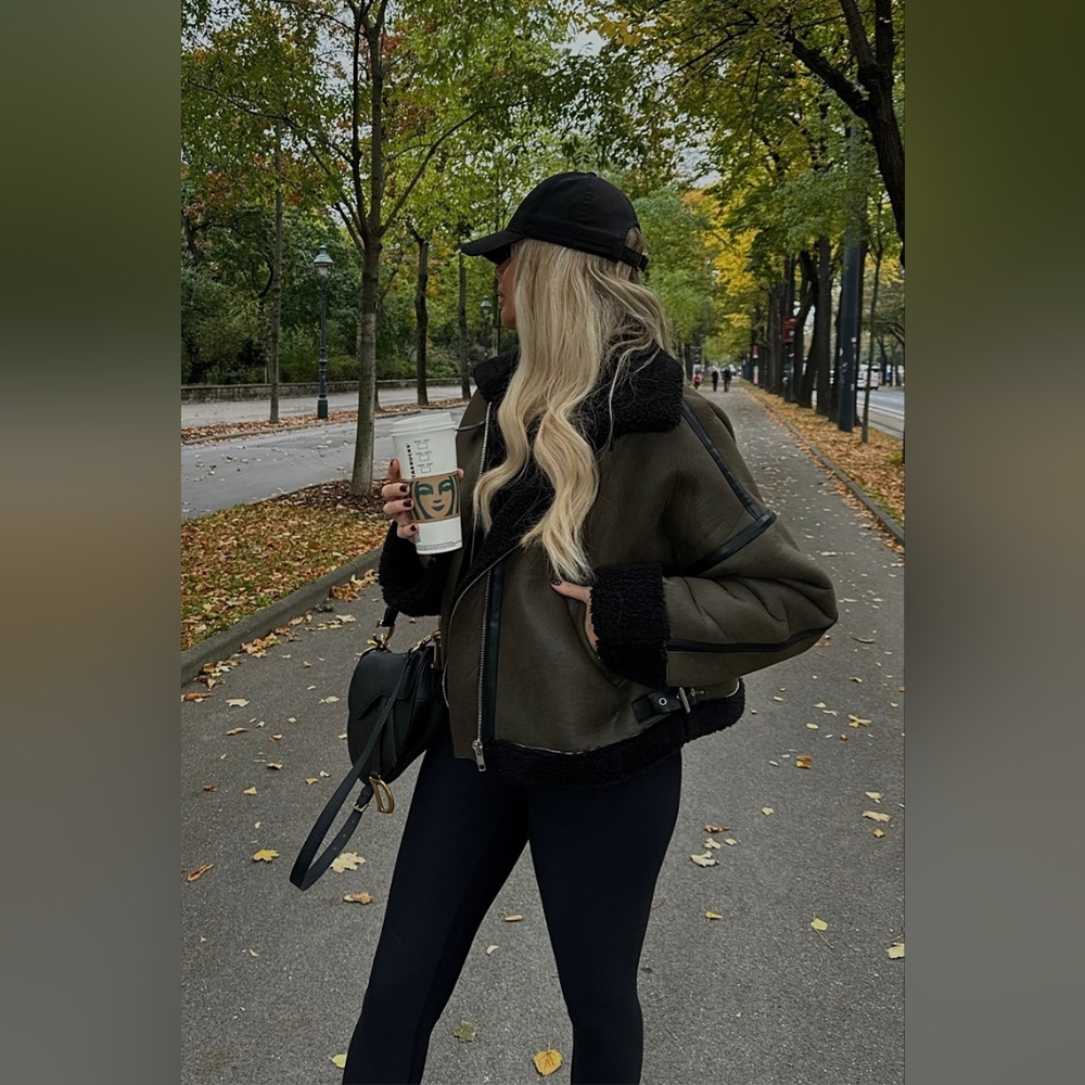 In The Style Perrie Sian Contrast Borg Aviator Jacket Leather Khaki Shearling